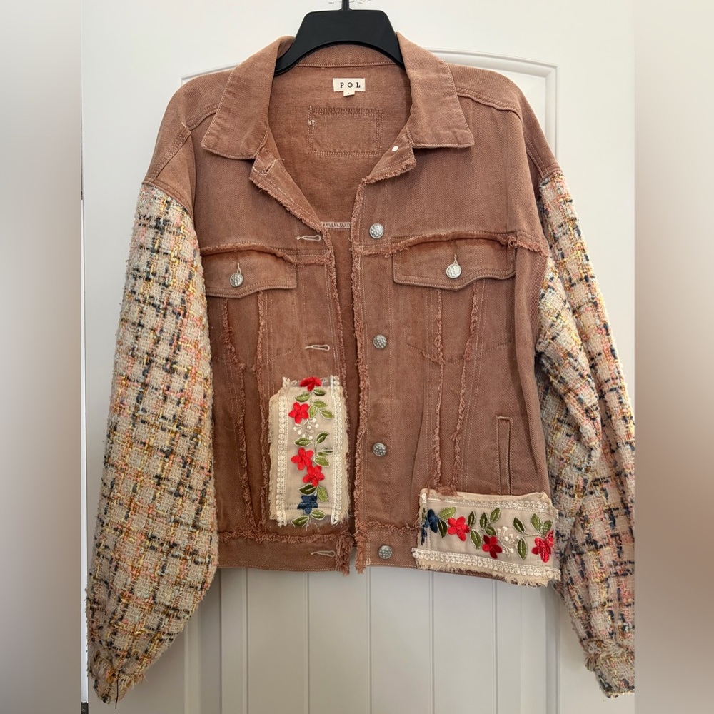 POL Women's Brown Patchwork Jean Jacket